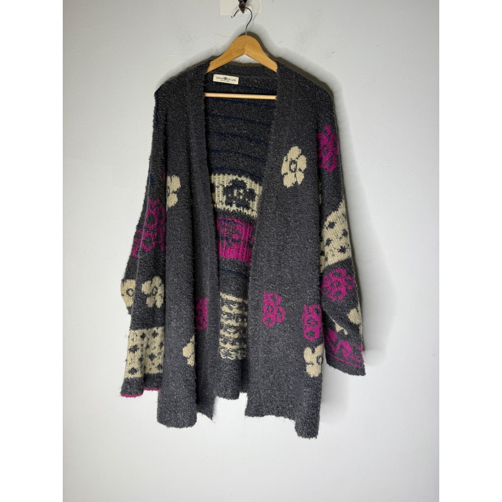 Natural Life Floral Boucle Open Front Cardigan Sweater Gray Magenta L/XL